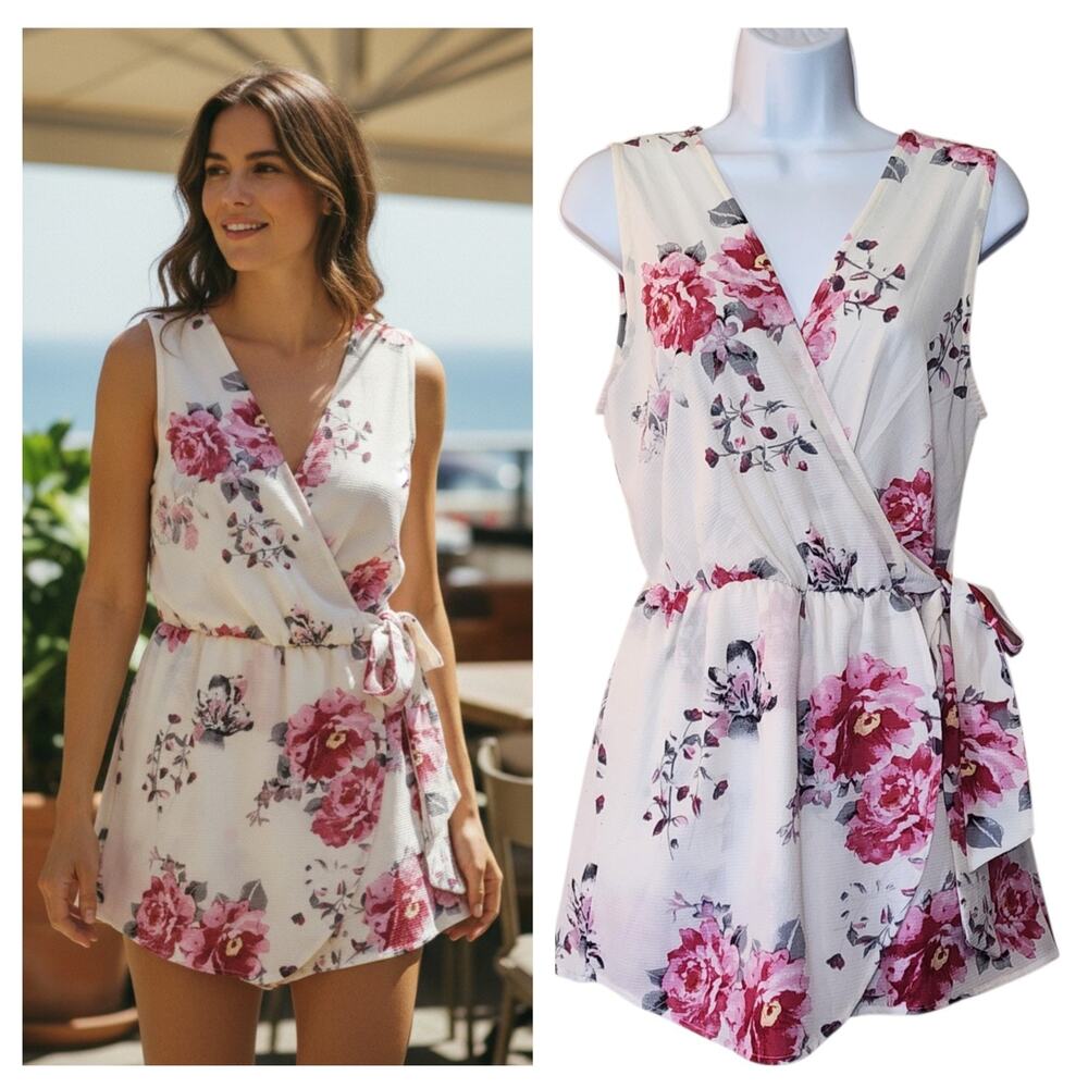 Scobe Womens Romper Shorts Size M Ivory Pink Floral Faux Wrap V-Neck Sleeveless